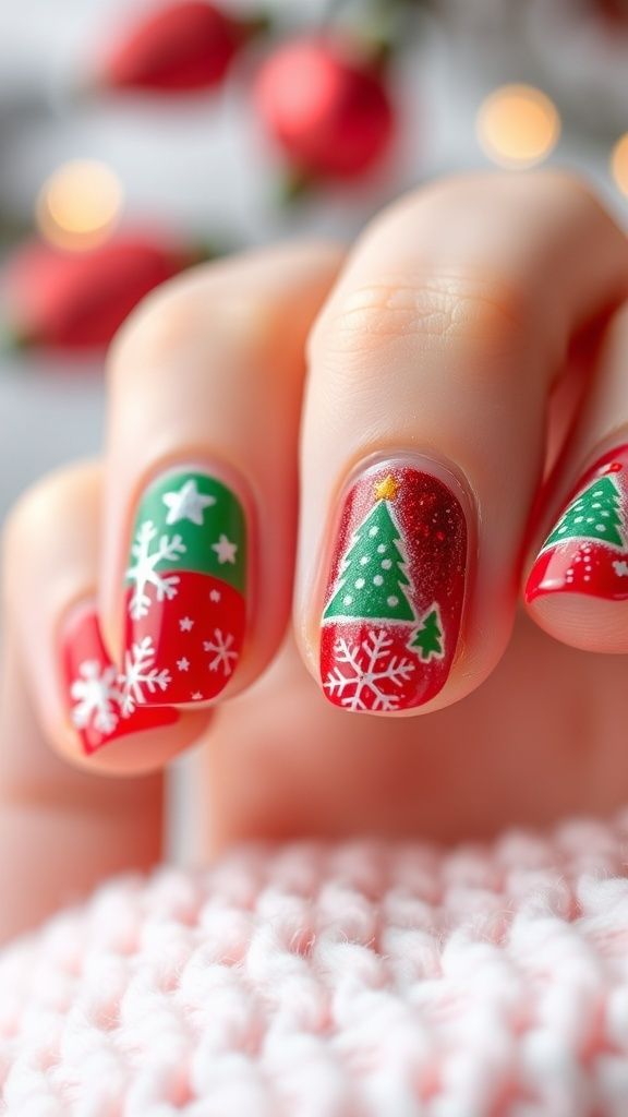 Easy Christmas Nail Art for Short Nails Short nails painted with Christmas designs including snowflakes and Christmas trees in red and green.